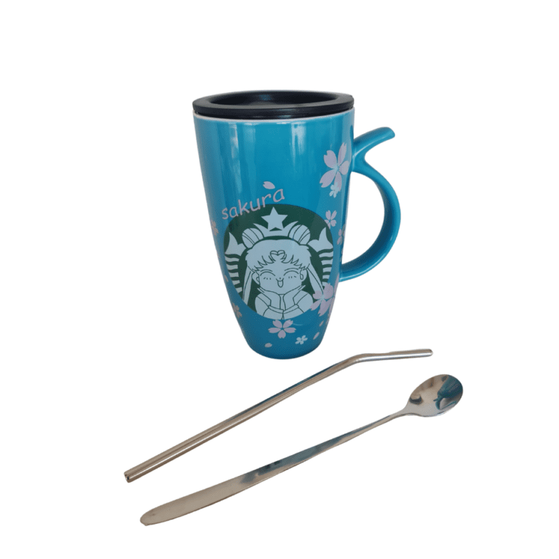 Tazón Mug Sailor con bombilla y cuchara fondo verde y flores rosada… - Imagen 2